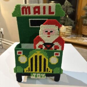 Vtg Christmas Hand Stitched Plastic Needlepoint Santa Mail Holder mailbox Kitsch